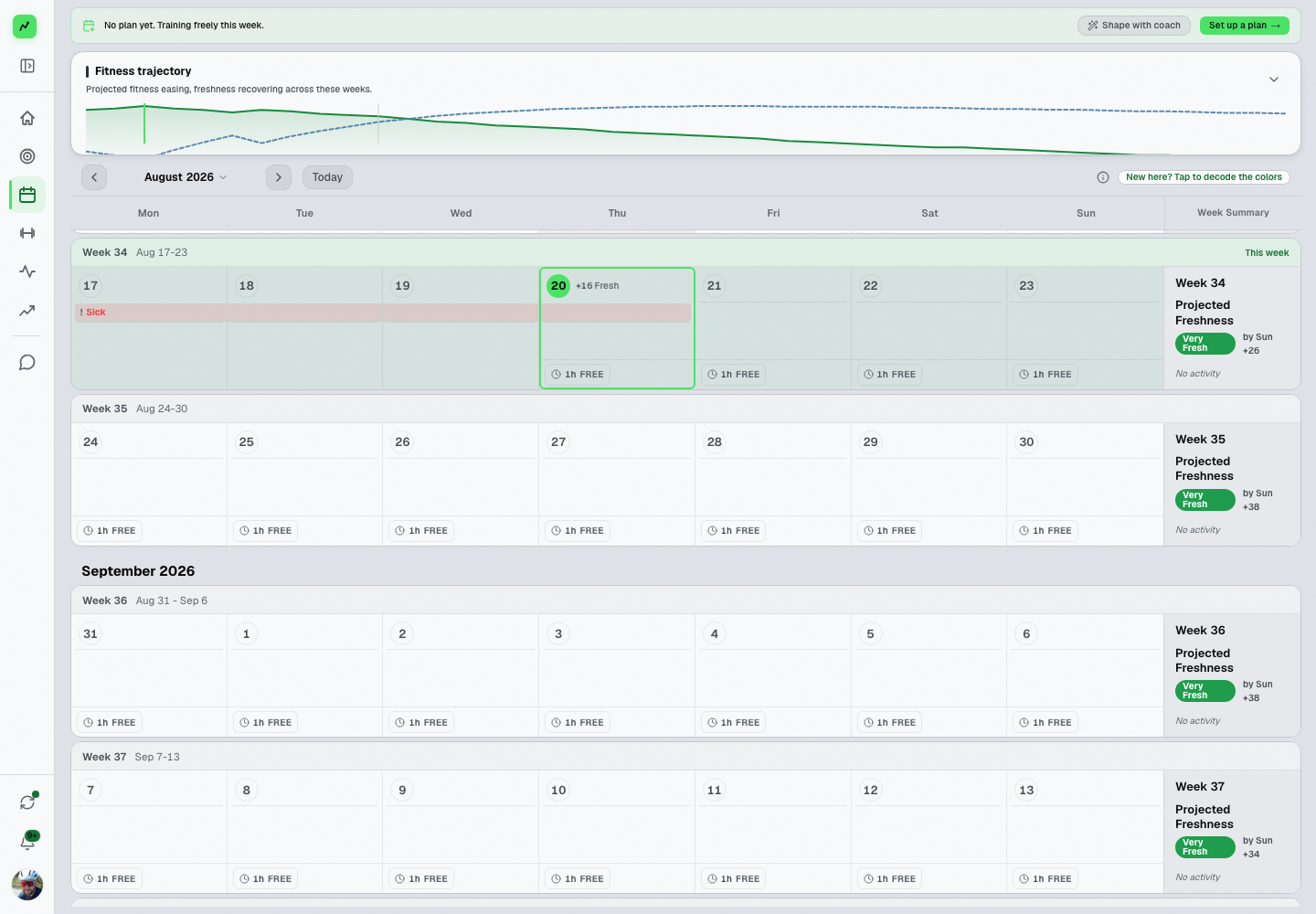 Kresta training calendar with workouts, week summaries and a fitness chart.