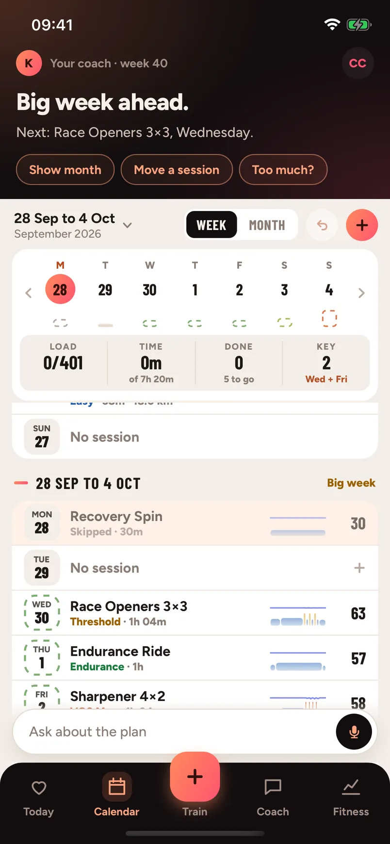 Kresta Calendar: the coach says 'Big week ahead', the week's load, time and key sessions, and each planned session with its profile and Load.