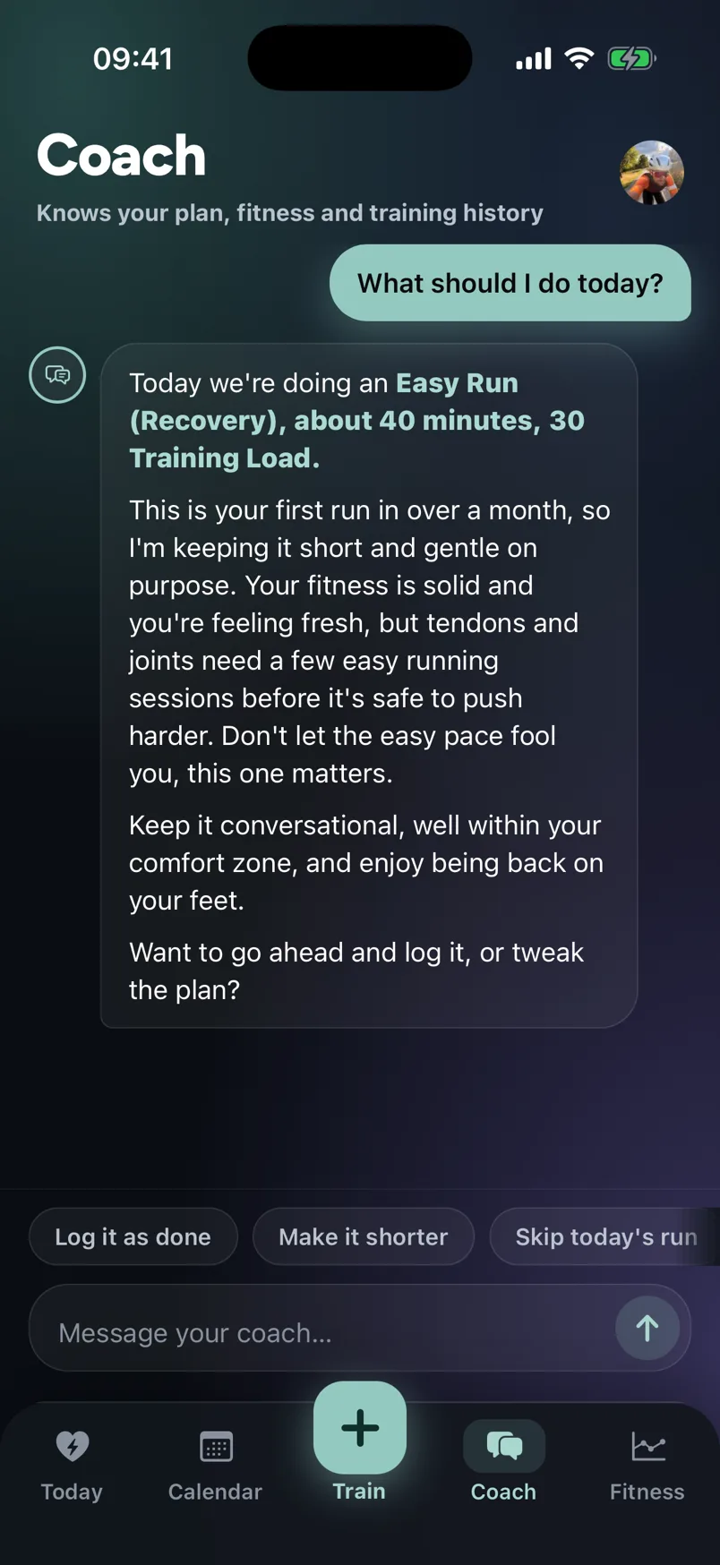 Kresta AI coach proposing and scheduling a workout in a plain-language chat.